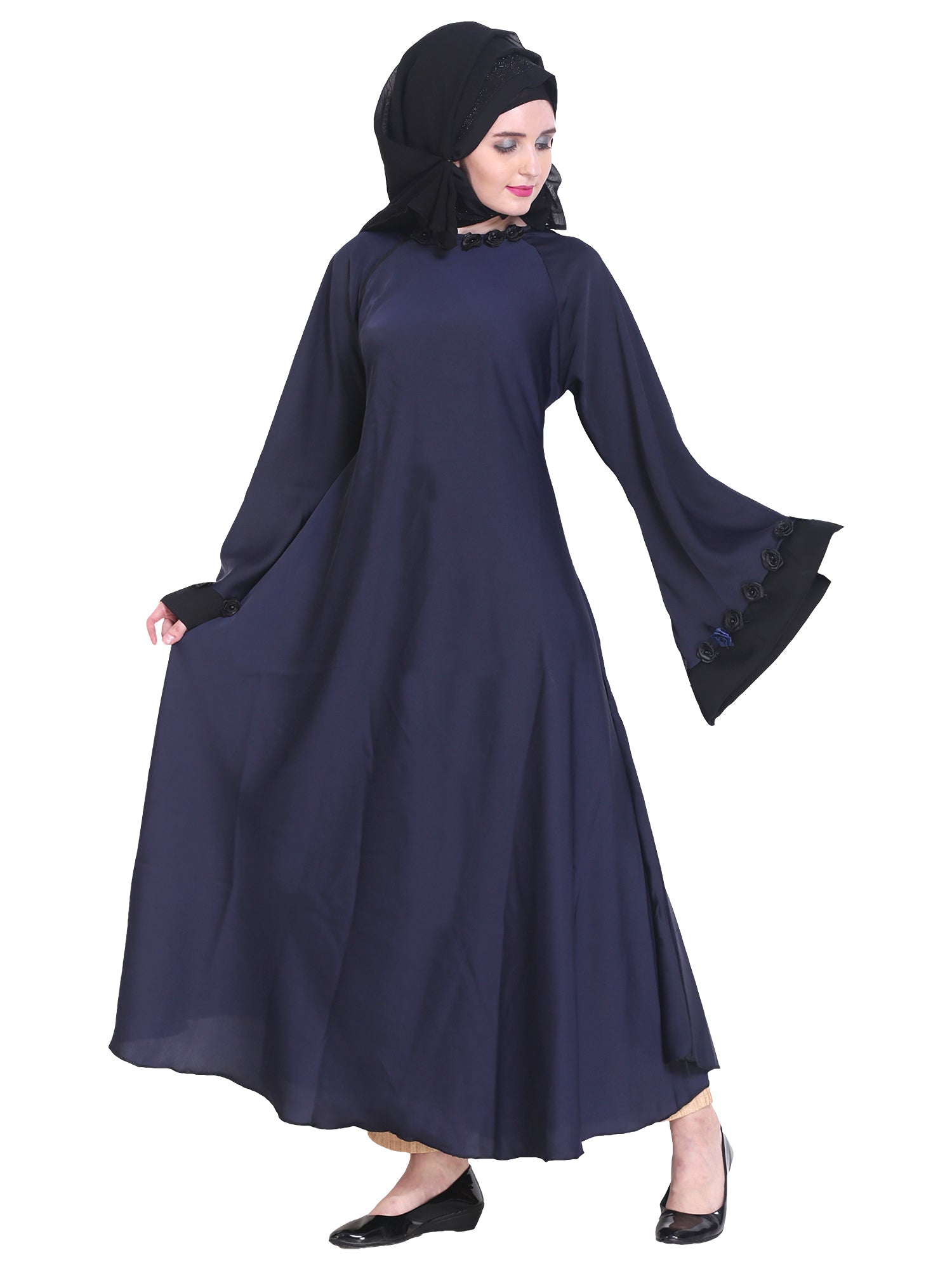 Modest City Beautiful Self Design Blue Flowers Nida Abaya With Hijab_0238
