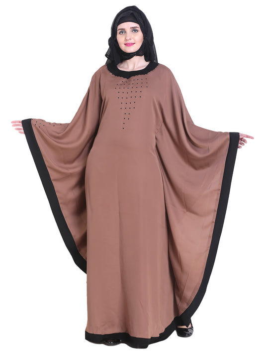 Modest City Beautiful Self Design  Beige Gala Moti Kaftan Nida Abaya With Hijab_0239