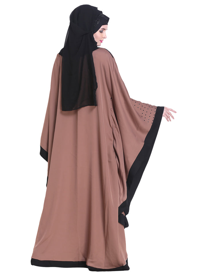 Modest City Beautiful Self Design  Beige Gala Moti Kaftan Nida Abaya With Hijab_0239