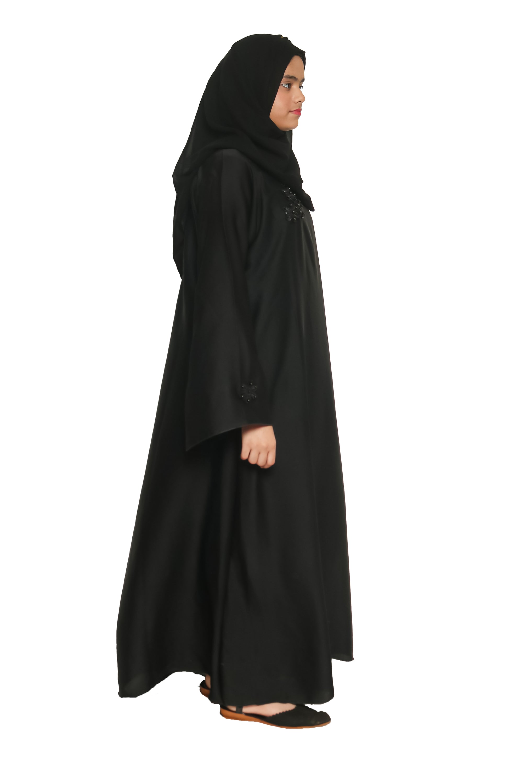 Modest City Self Design Plain Black Nida with Flower Abaya or Burqa With Hijab for Women & Girls-Series Laiba