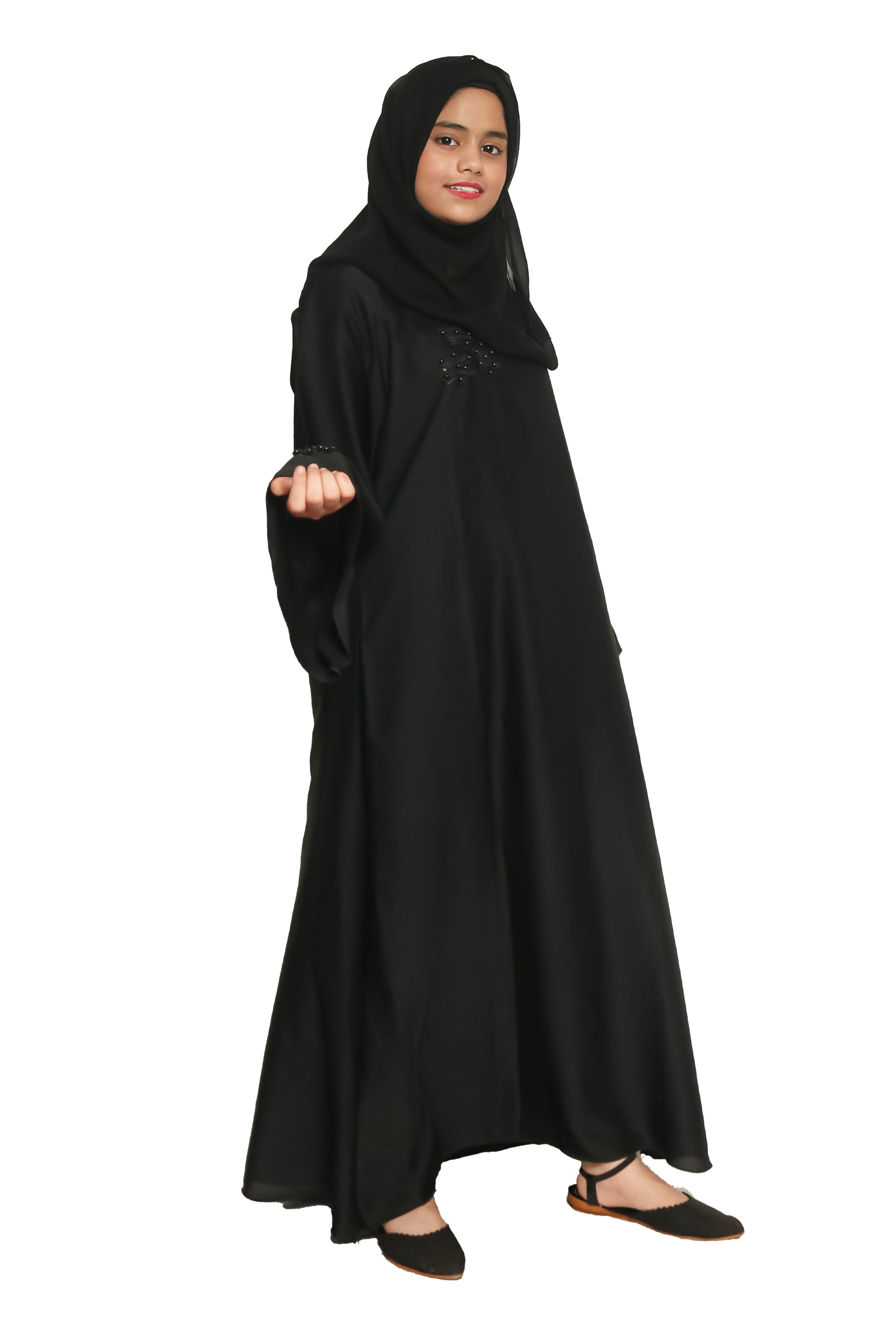 Modest City Self Design Plain Black Nida with Flower Abaya or Burqa With Hijab for Women & Girls-Series Laiba