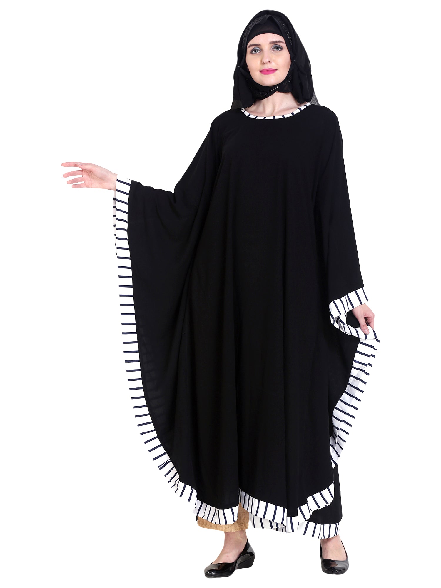 Modest City Beautiful Self Design Black Patti Kaftan Nida Abaya Without Hijab_0240