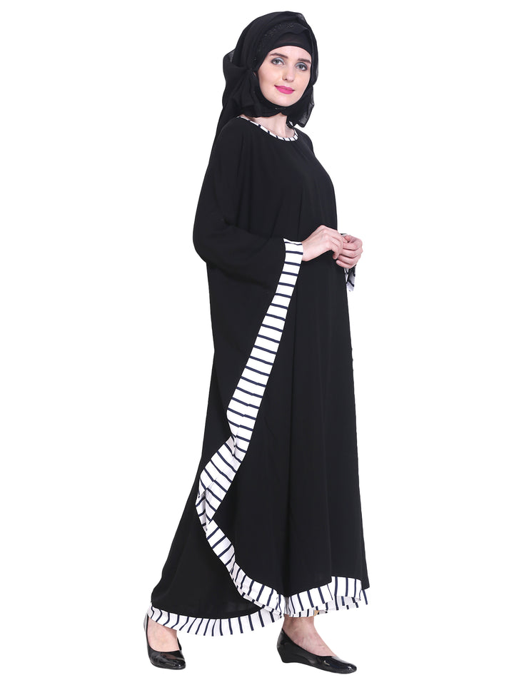 Modest City Beautiful Self Design Black Patti Kaftan Nida Abaya Without Hijab_0240