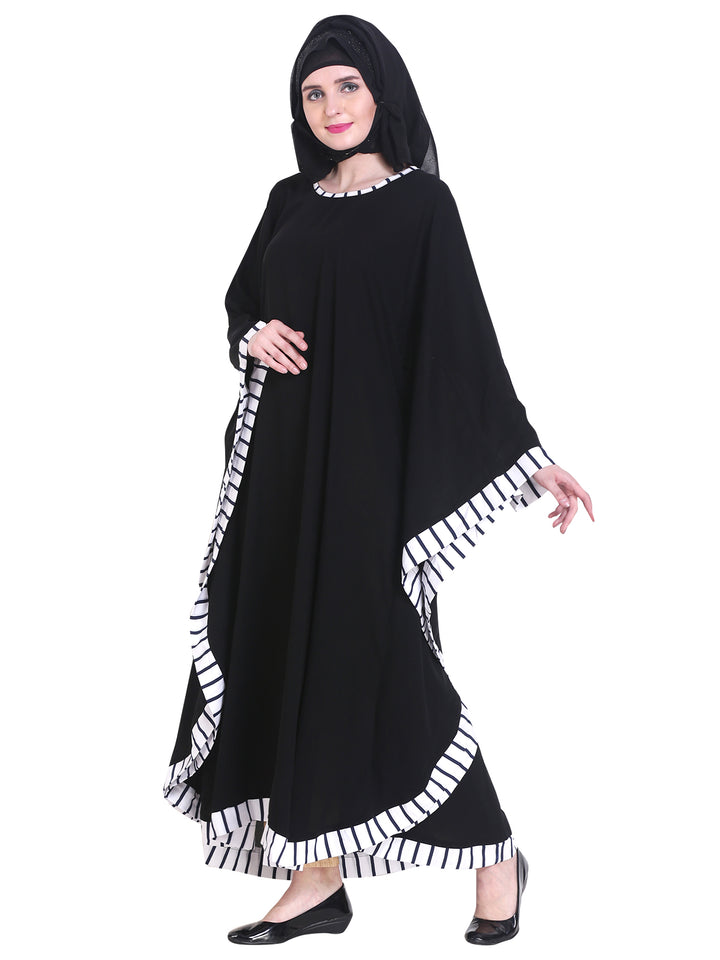 Modest City Beautiful Self Design Black Patti Kaftan Nida Abaya Without Hijab_0240