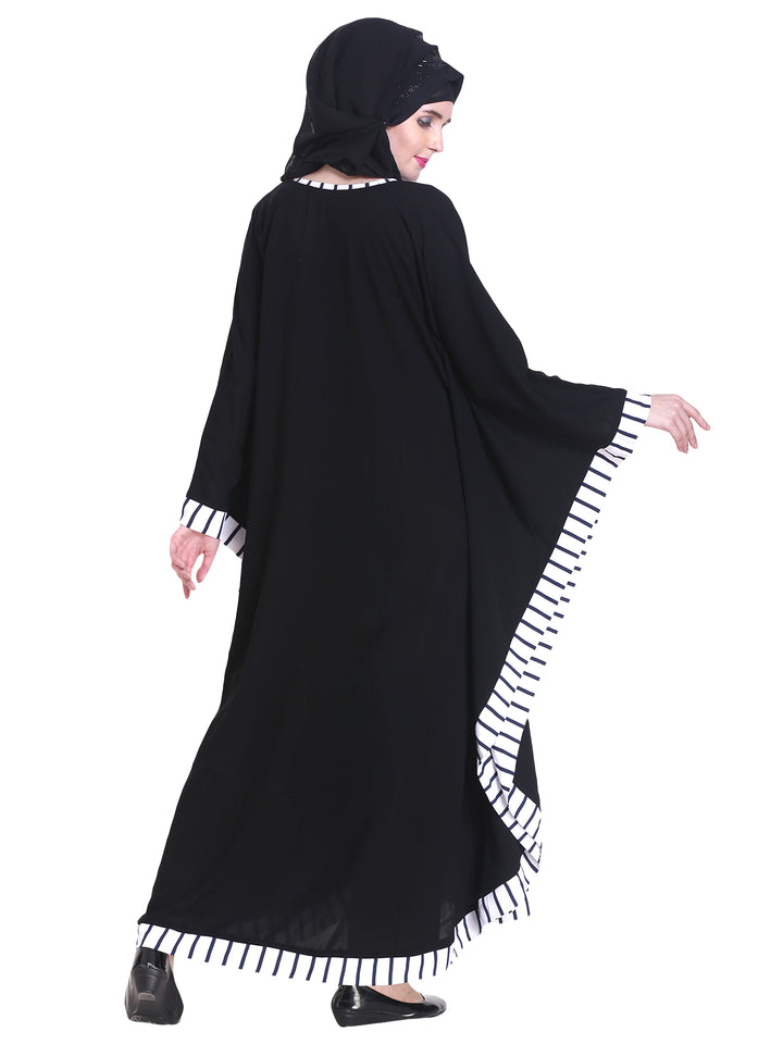 Modest City Beautiful Self Design Black Patti Kaftan Nida Abaya Without Hijab_0240