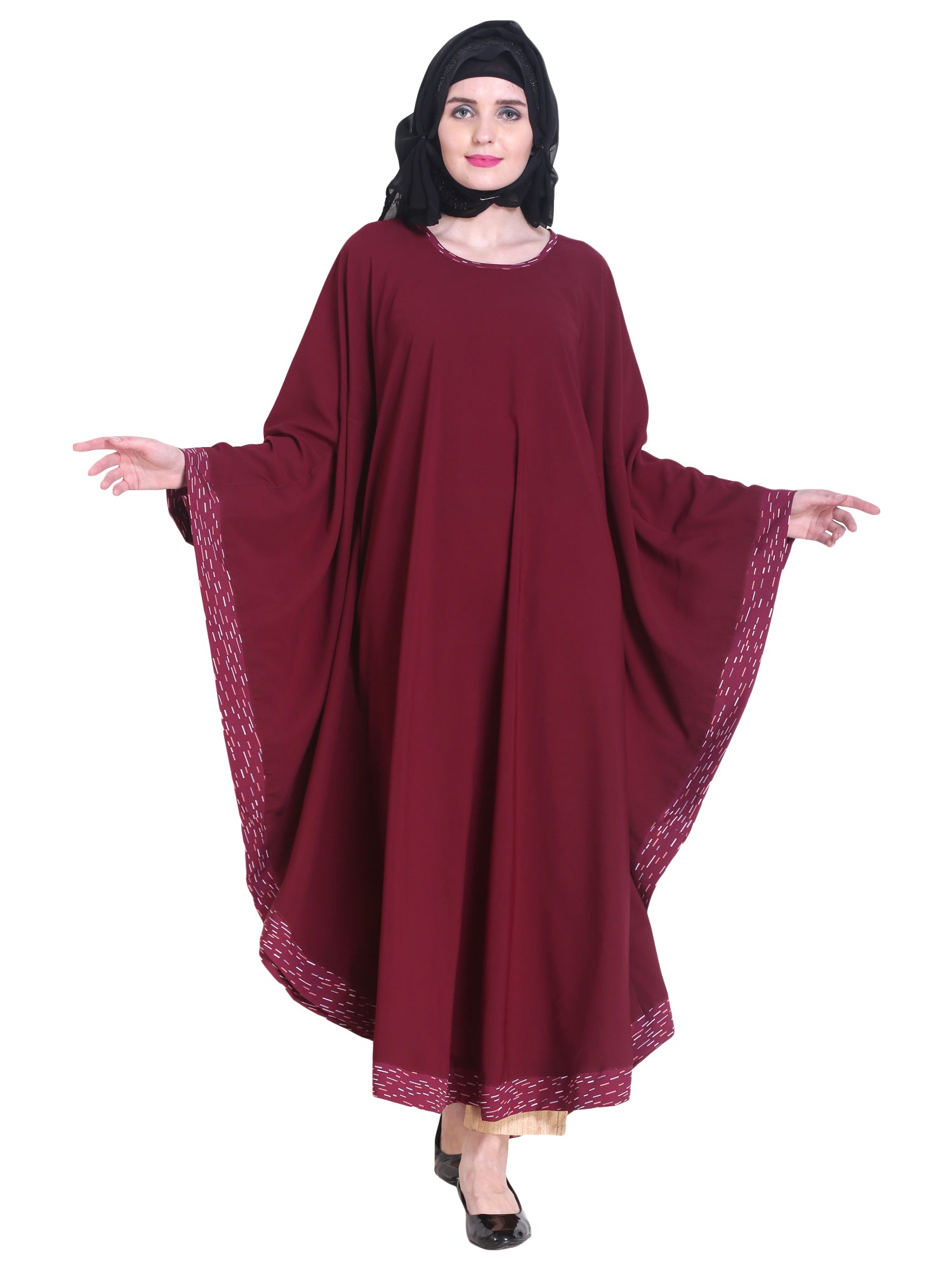 Modest City Beautiful Self Design Maroon Patti Kaftan Nida Abaya Without Hijab_0241