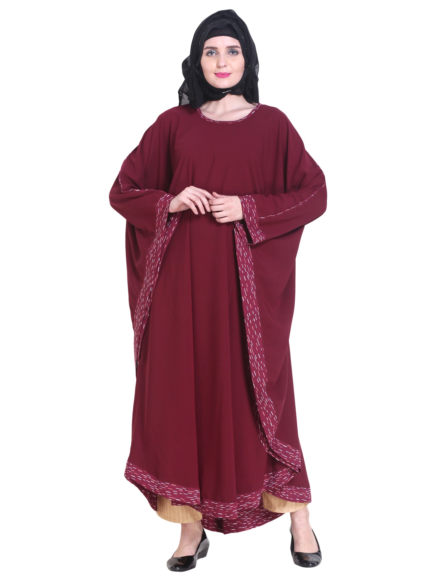 Modest City Beautiful Self Design Maroon Patti Kaftan Nida Abaya Without Hijab_0241