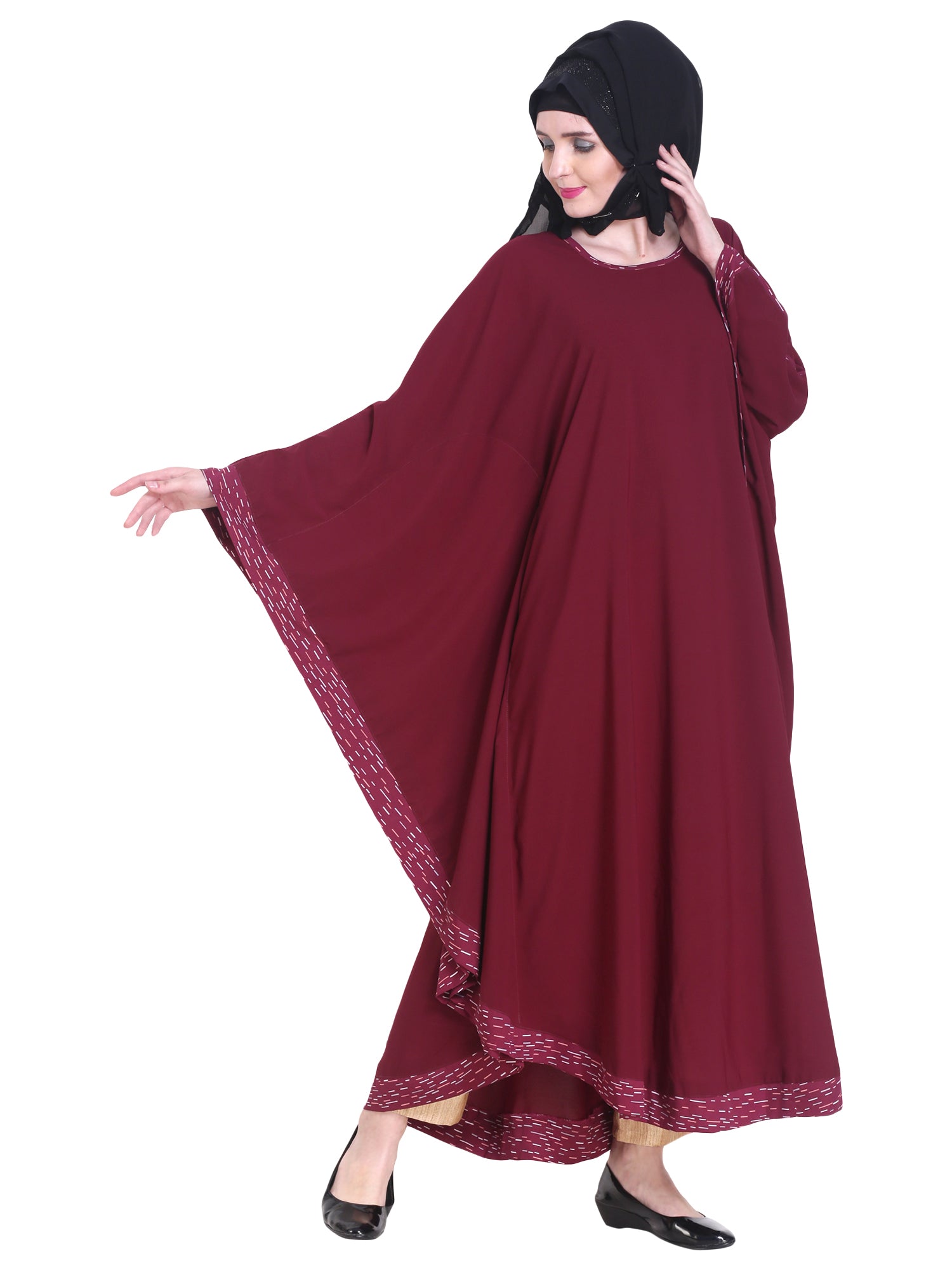 Modest City Beautiful Self Design Maroon Patti Kaftan Nida Abaya Without Hijab_0241