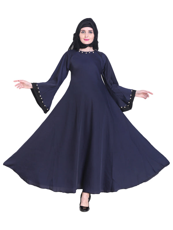 Modest City Beautiful Self Design Blue Moti Work Nida Abaya With Hijab_0245