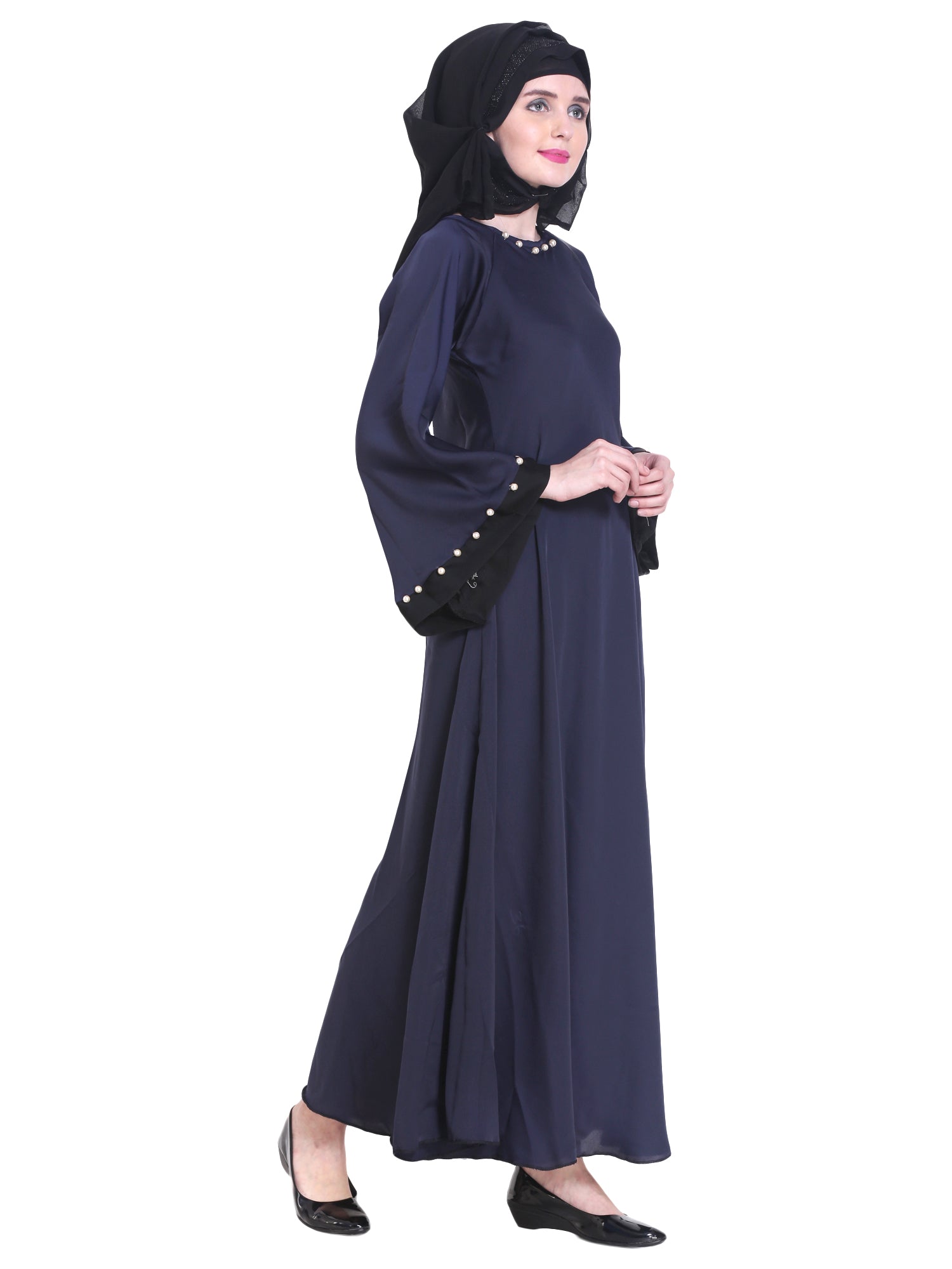 Modest City Beautiful Self Design Blue Moti Work Nida Abaya With Hijab_0245