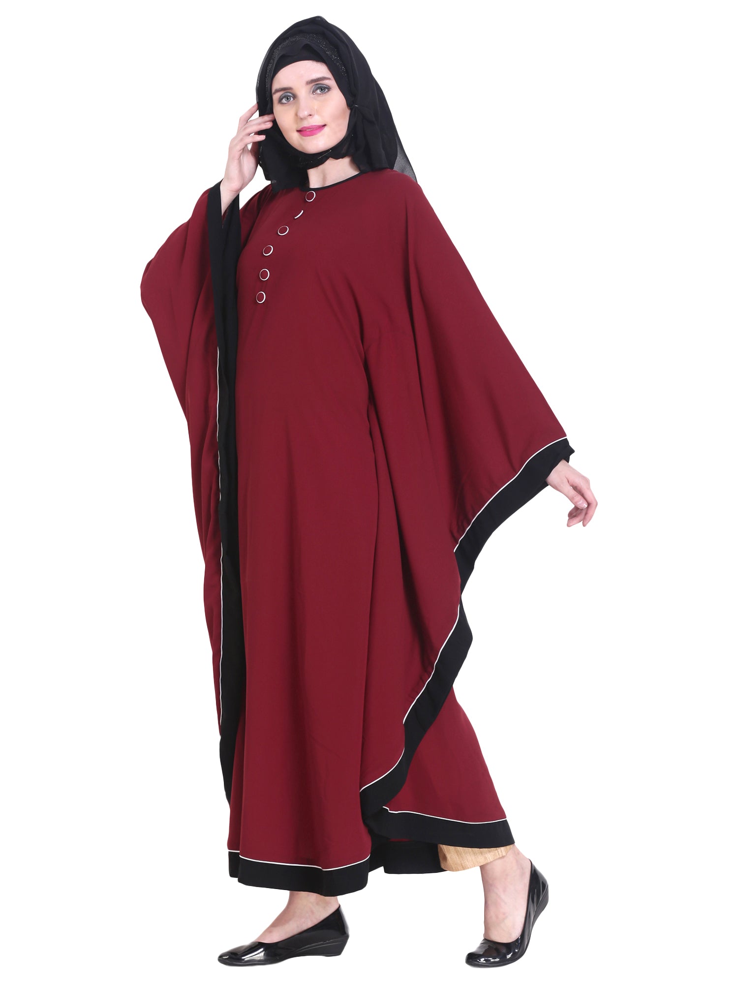Modest City Beautiful Self Design Maroon Button Patti Kaftan Nida Abaya Without Hijab_0244