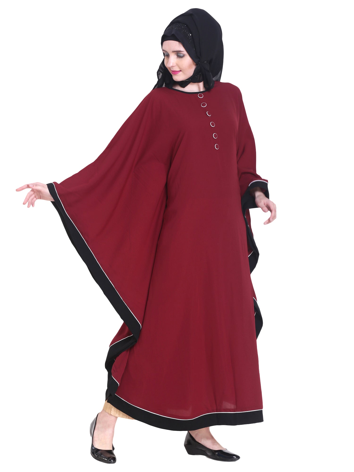 Modest City Beautiful Self Design Maroon Button Patti Kaftan Nida Abaya Without Hijab_0244