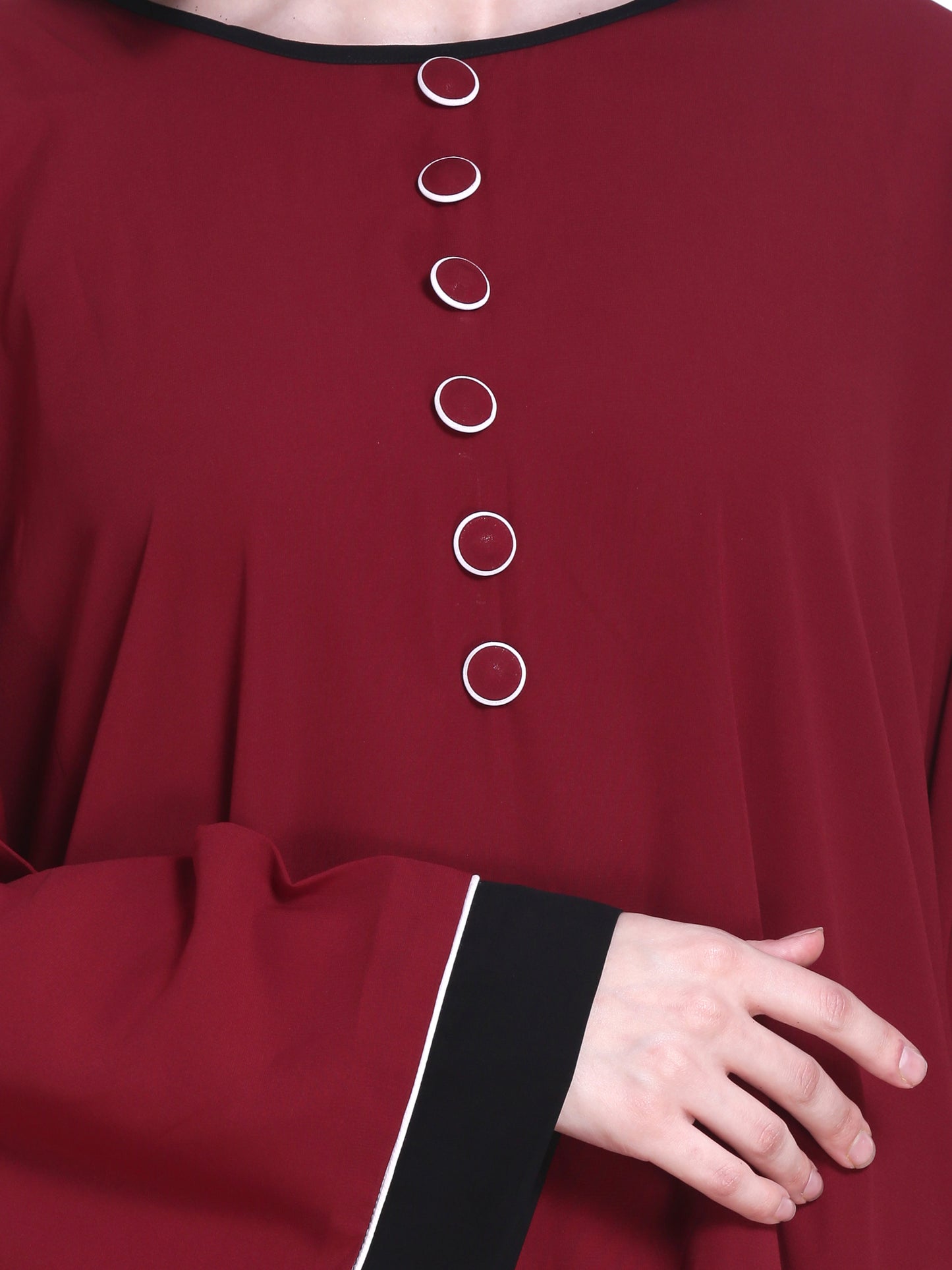 Modest City Beautiful Self Design Maroon Button Patti Kaftan Nida Abaya Without Hijab_0244