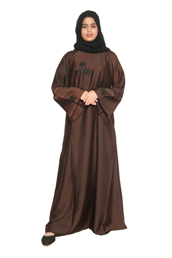 Modest City Self Design Plain Brown Nida with Flower Abaya or Burqa With Hijab for Women & Girls-Series Laiba
