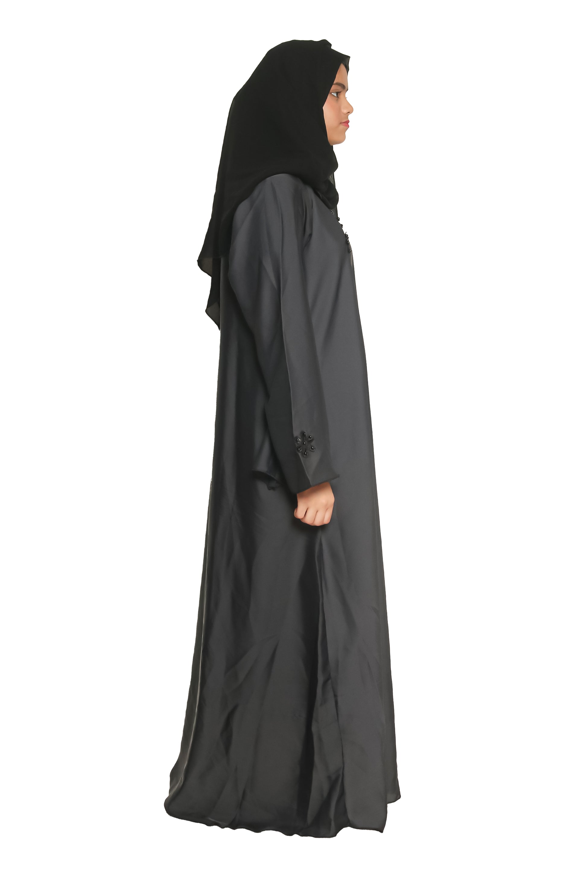 Modest City Self Design Plain Grey Nida with Flower Abaya or Burqa With Hijab for Women & Girls-Series Laiba