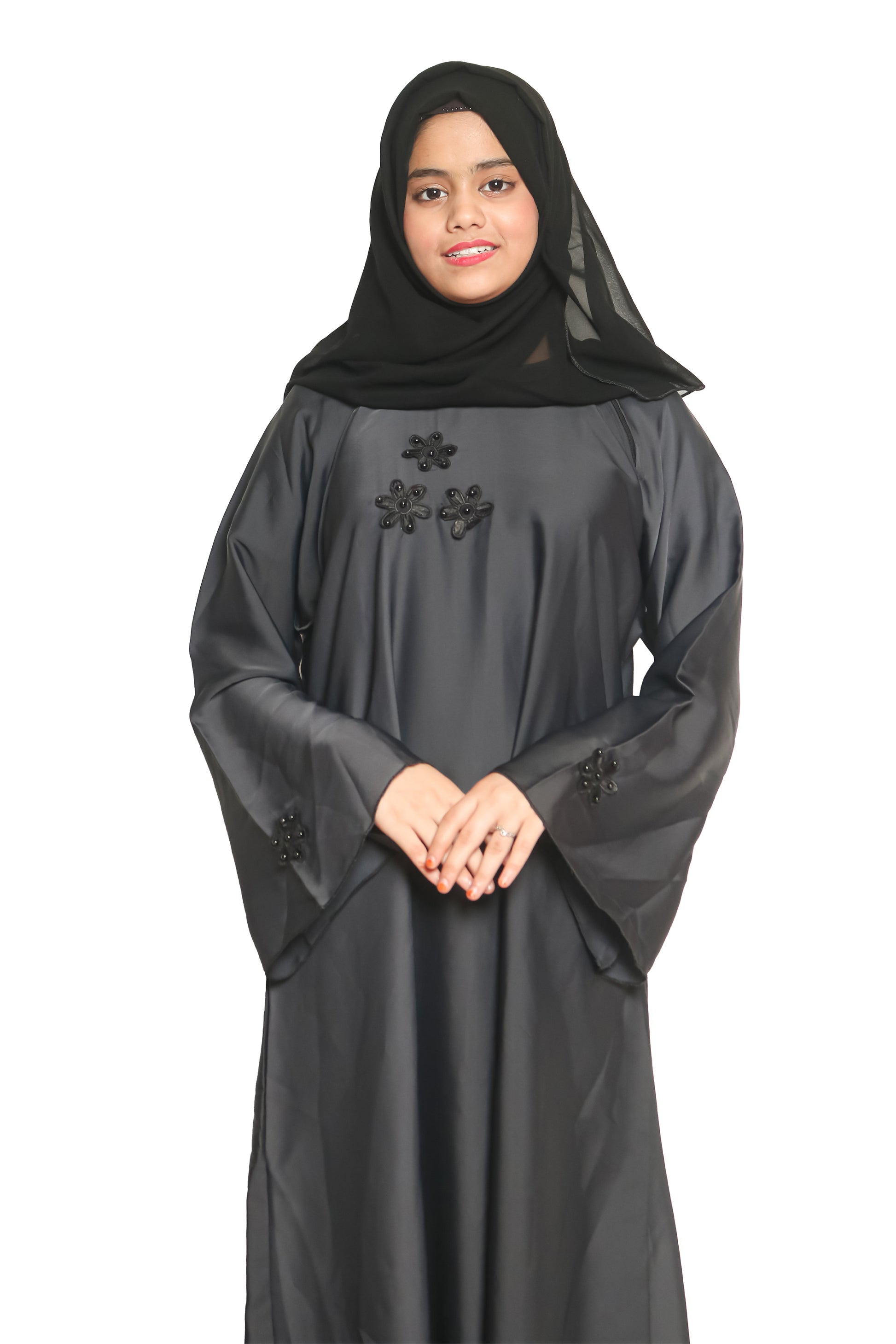 Modest City Self Design Plain Grey Nida with Flower Abaya or Burqa With Hijab for Women & Girls-Series Laiba