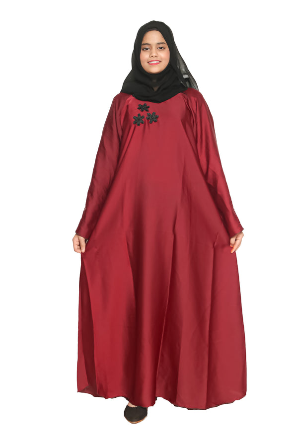 Modest City Self Design Plain Maroon Nida with Flower Abaya or Burqa With Hijab for Women & Girls-Series Laiba