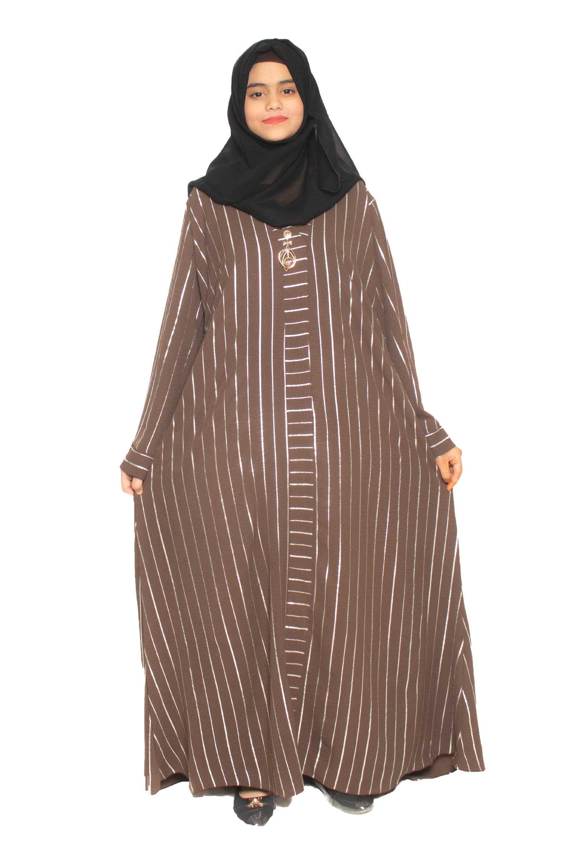 Modest City Self Design Brown Parallel Stripes With Broach Abaya or Burqa With Hijab for Women & Girls-Series Laiba