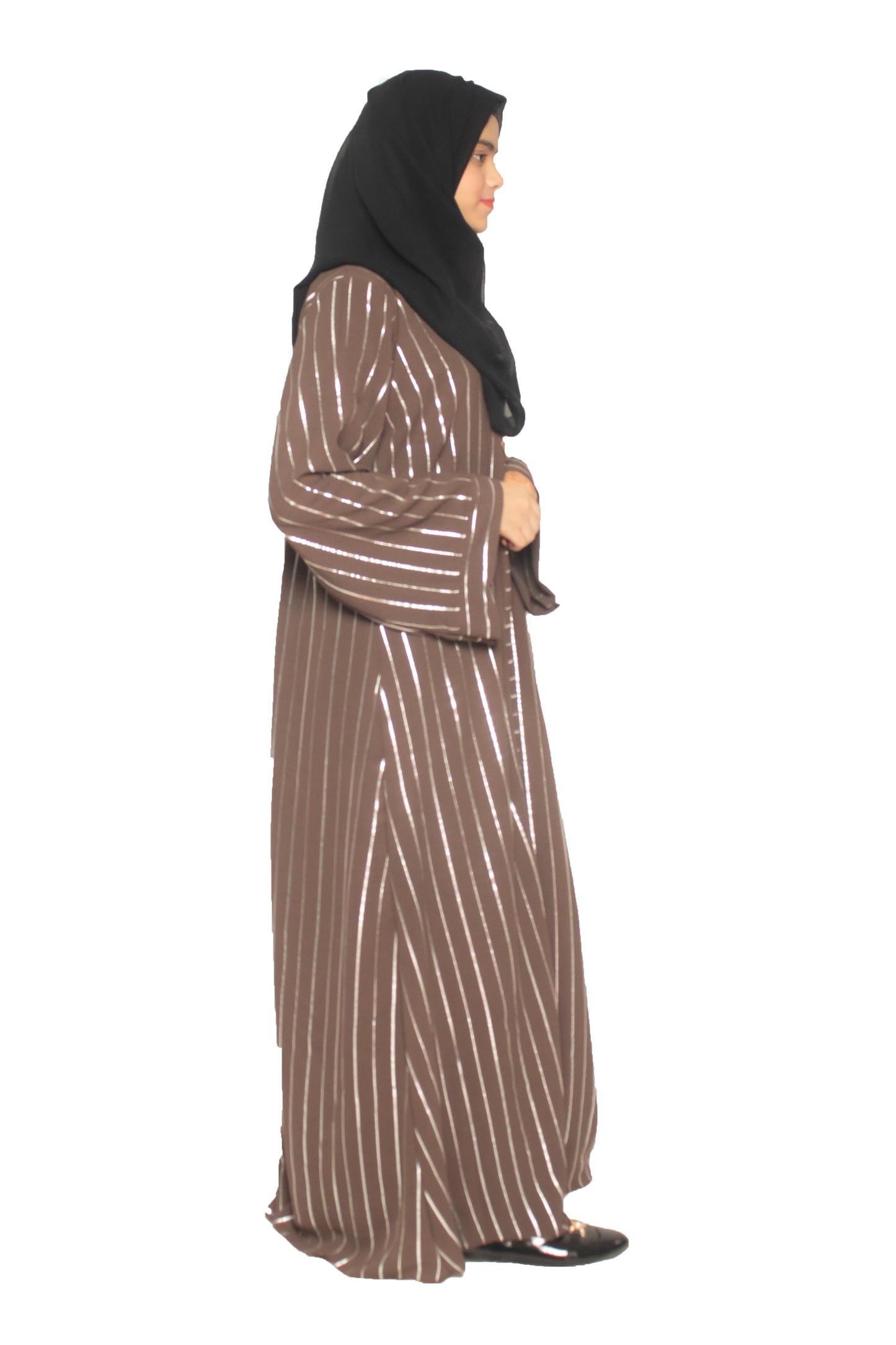 Modest City Self Design Brown Parallel Stripes With Broach Abaya or Burqa With Hijab for Women & Girls-Series Laiba