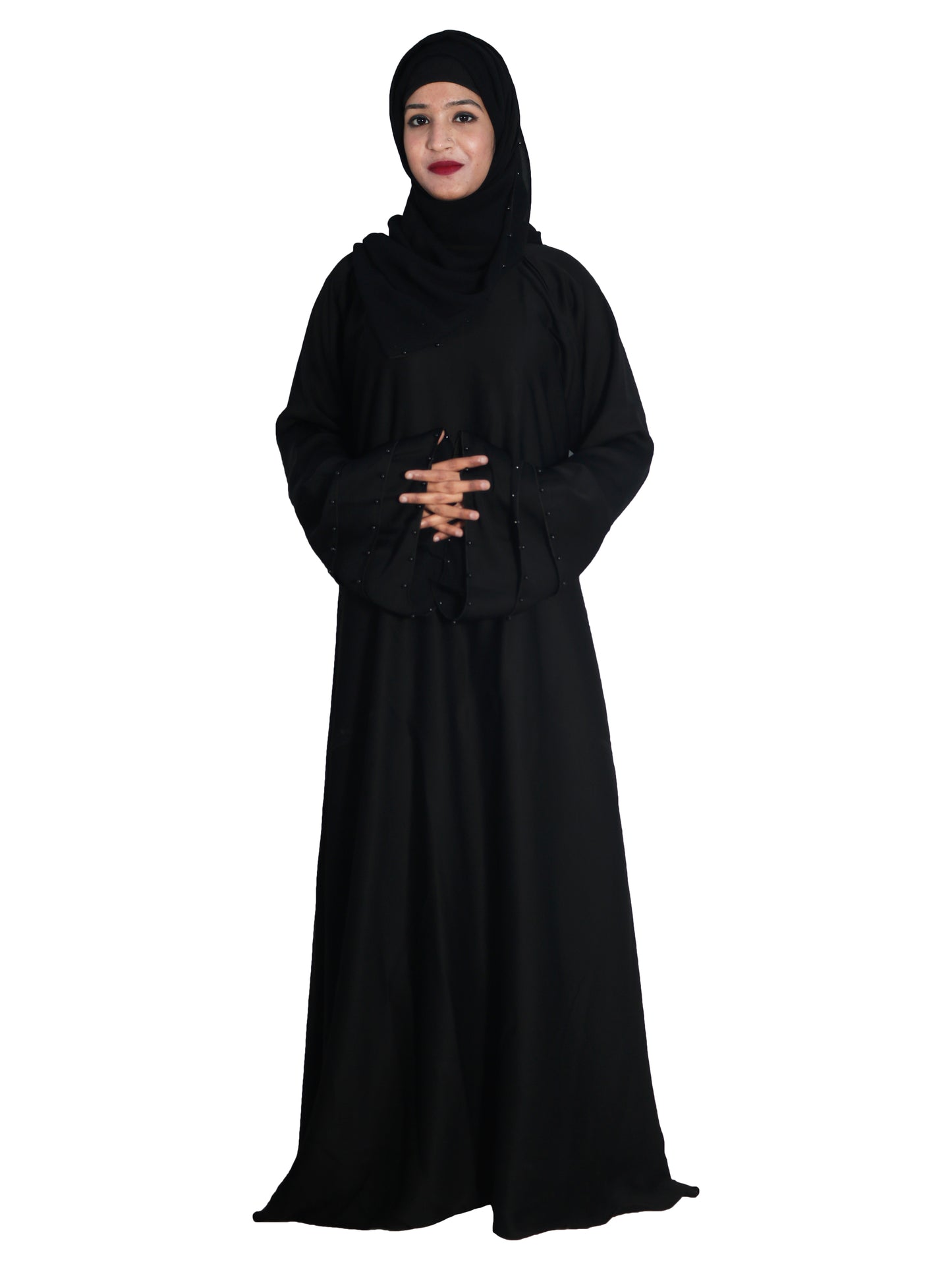 Beautiful Self Design Black Frill Art Silk Abaya With Hijab_0629