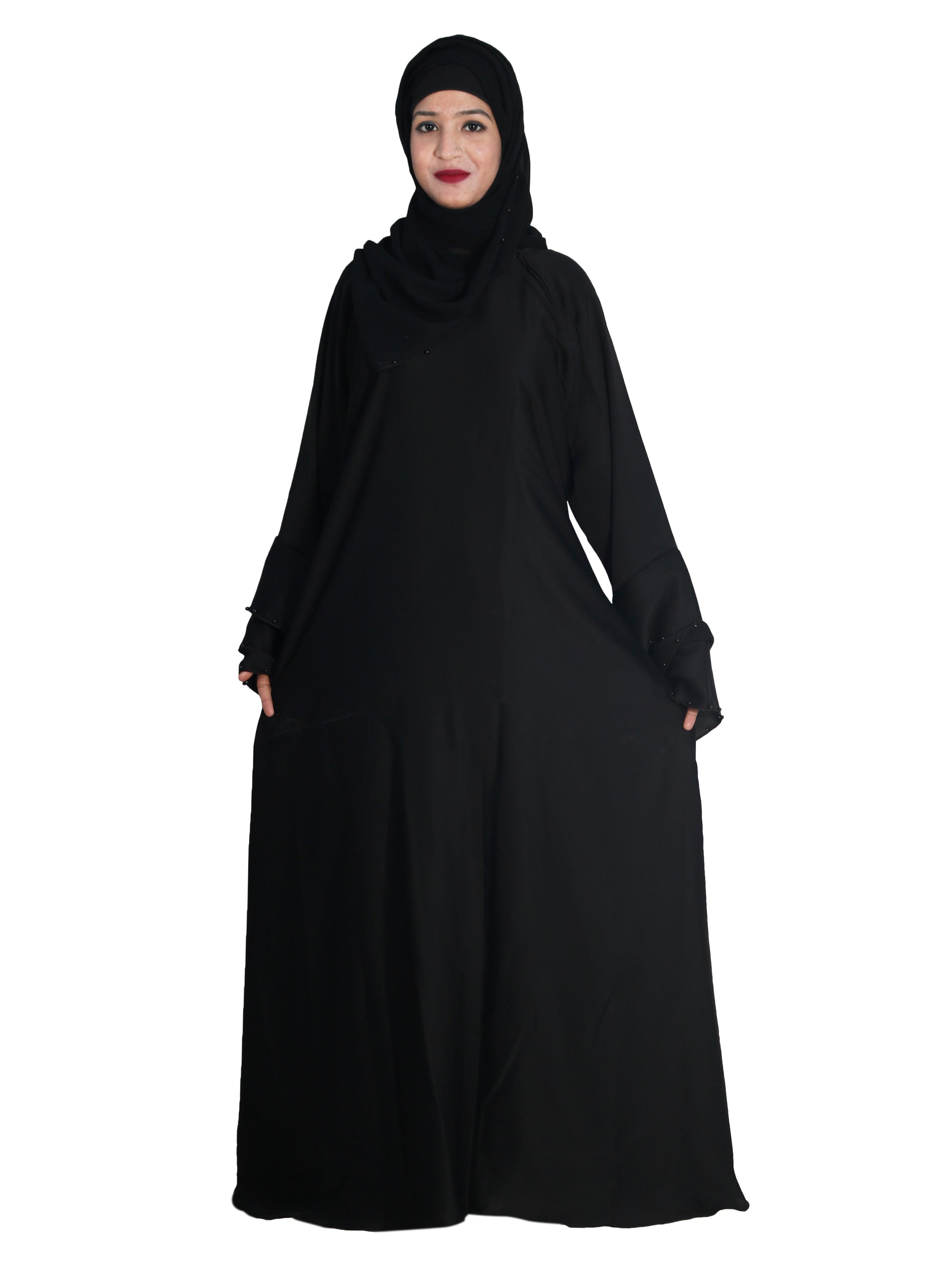 Beautiful Self Design Black Frill Art Silk Abaya With Hijab_0629