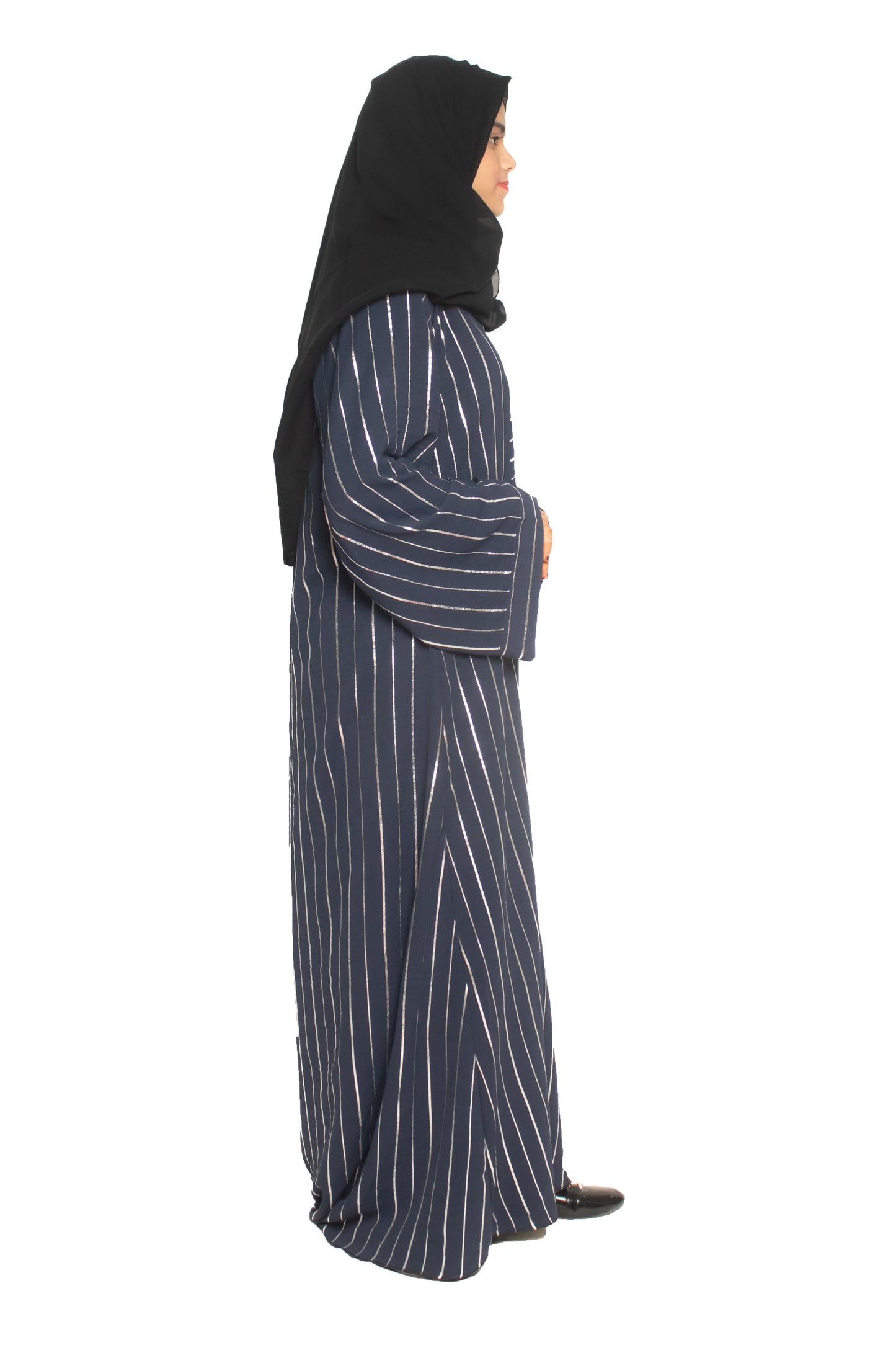 Modest City Self Design Blue Parallel Stripes With Broach Abaya or Burqa With Hijab for Women & Girls-Series Laiba