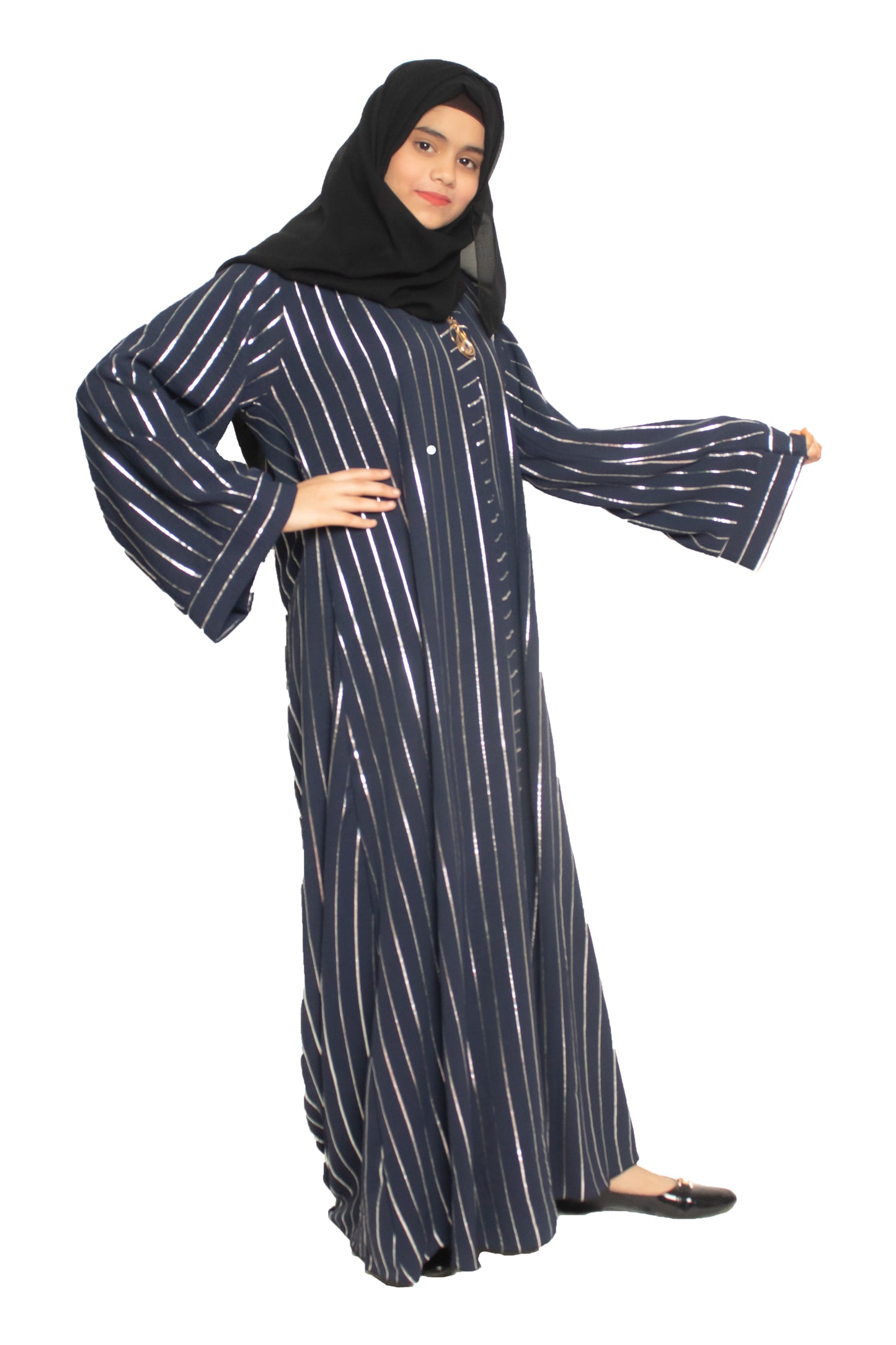 Modest City Self Design Blue Parallel Stripes With Broach Abaya or Burqa With Hijab for Women & Girls-Series Laiba