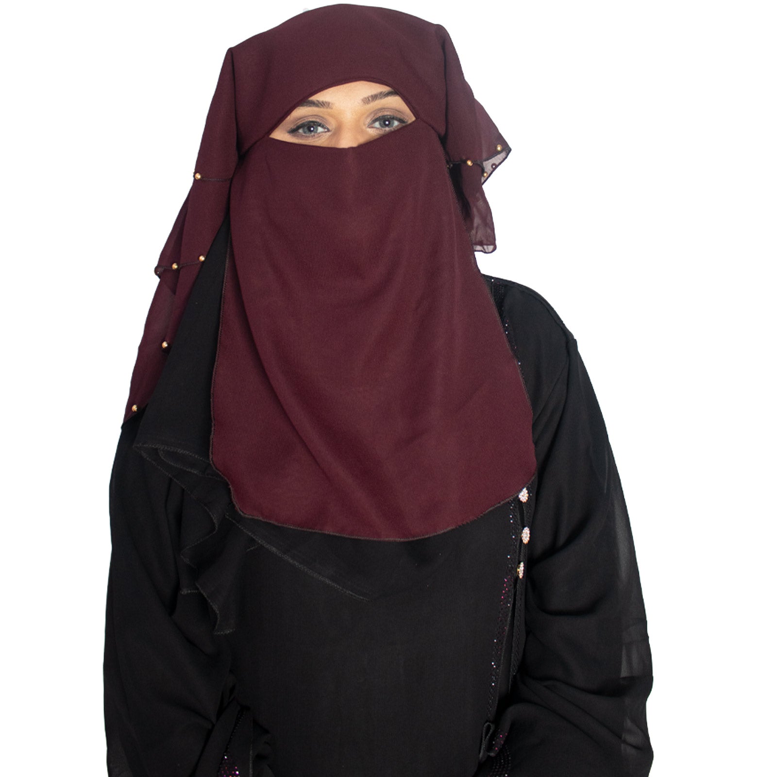 Beautiful Self Design Coffee Moti 4Layer Georgette Nose Piece (Niqab_020)