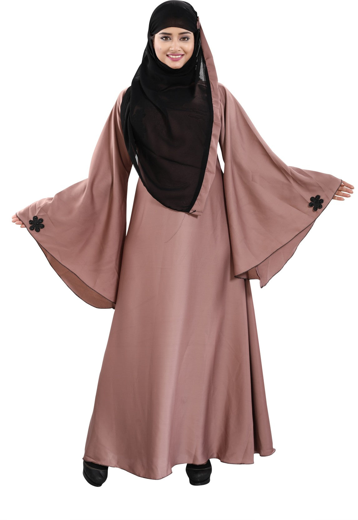 Beautiful Self Design Pink 3Fool Art Silk Abaya With Hijab_0308
