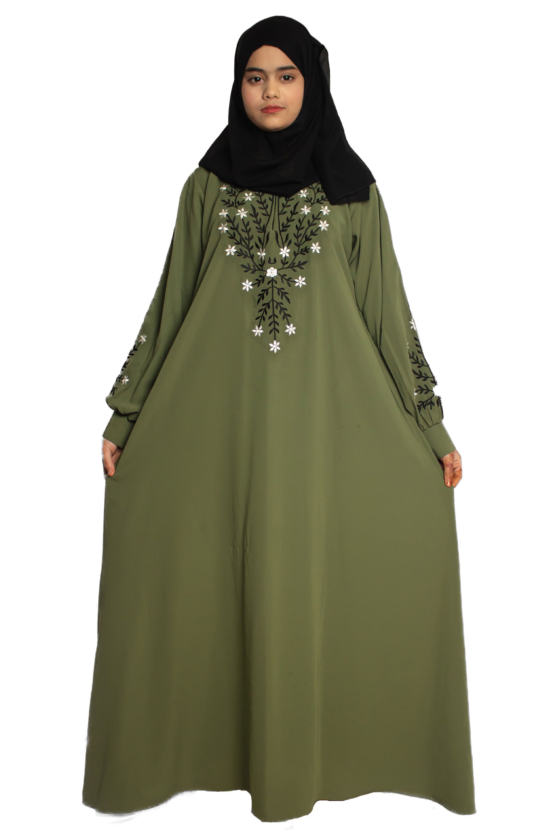 Modest City Beautiful Self Design Gala Embroidery Crepe Fabric Parrot Green Abaya or Burqa With Hijab for Women & Girls- Series Laiba