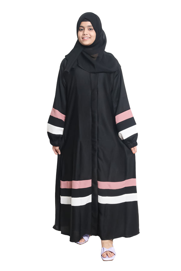 Modest City Self Design Front Open Nida Fabric Abaya or Burqa With Contrast Stripes for Women & Girls-Series Laiba