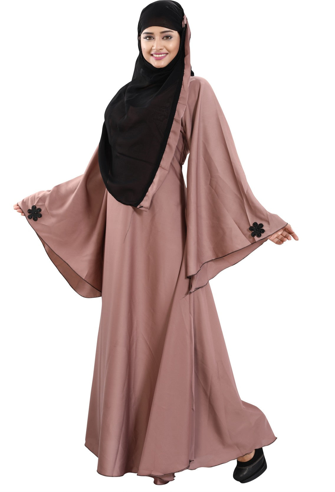 Beautiful Self Design Pink 3Fool Art Silk Abaya With Hijab_0308