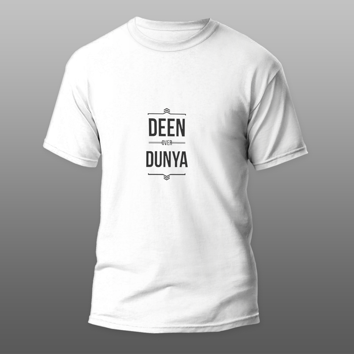 Islamic T-shirt 'Deen Over Dunya' Printed Self Design Round Neck Half Sleeves White T-shirt for Men (017)