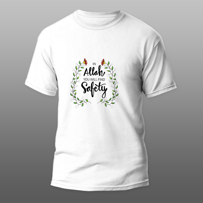 Islamic T-shirt 'In Allah You Will Find Safety'  Self Design Round Neck Half Sleeves White T-shirt for Men (003)