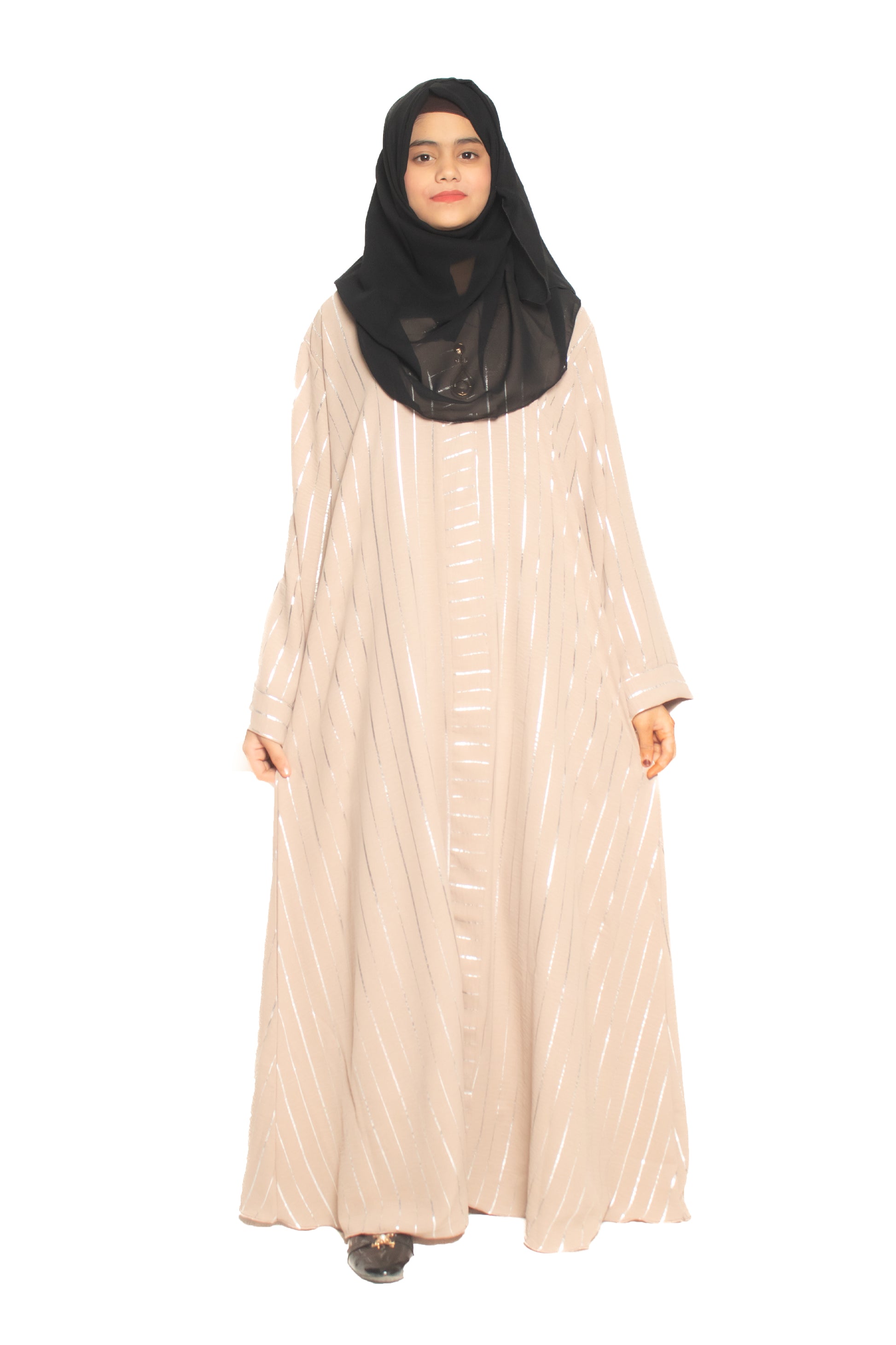 Modest City Self Design Beige Parallel Stripes With Broach Abaya or Burqa With Hijab for Women & Girls-Series Laiba