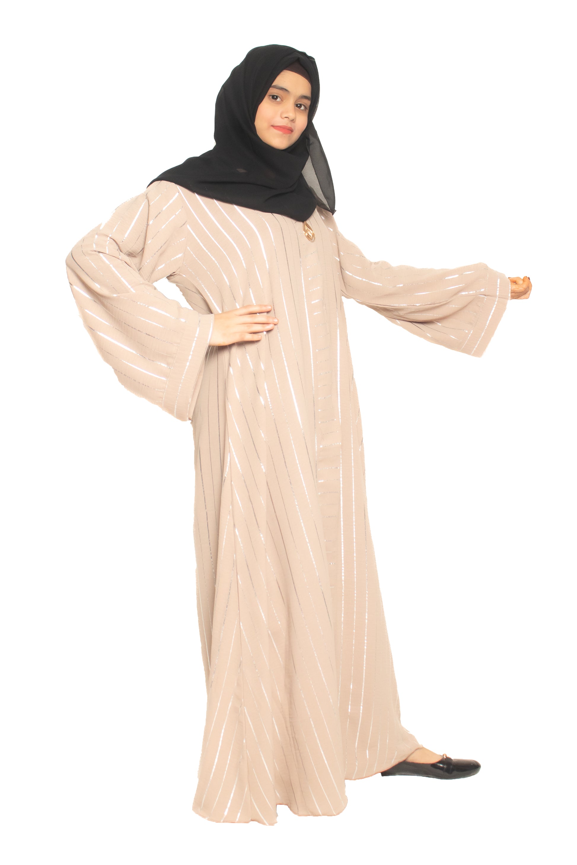 Modest City Self Design Beige Parallel Stripes With Broach Abaya or Burqa With Hijab for Women & Girls-Series Laiba
