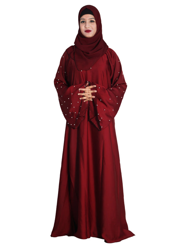Beautiful Self Design Maroon Frill Art Silk Abaya With Hijab_0632