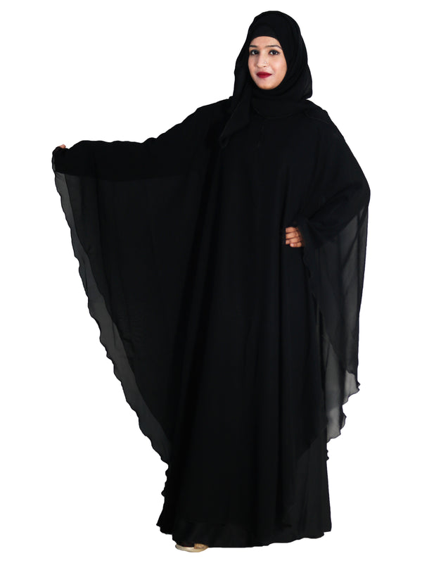 Beautiful Self Design Black Farasha Art Silk Abaya With Hijab_0633