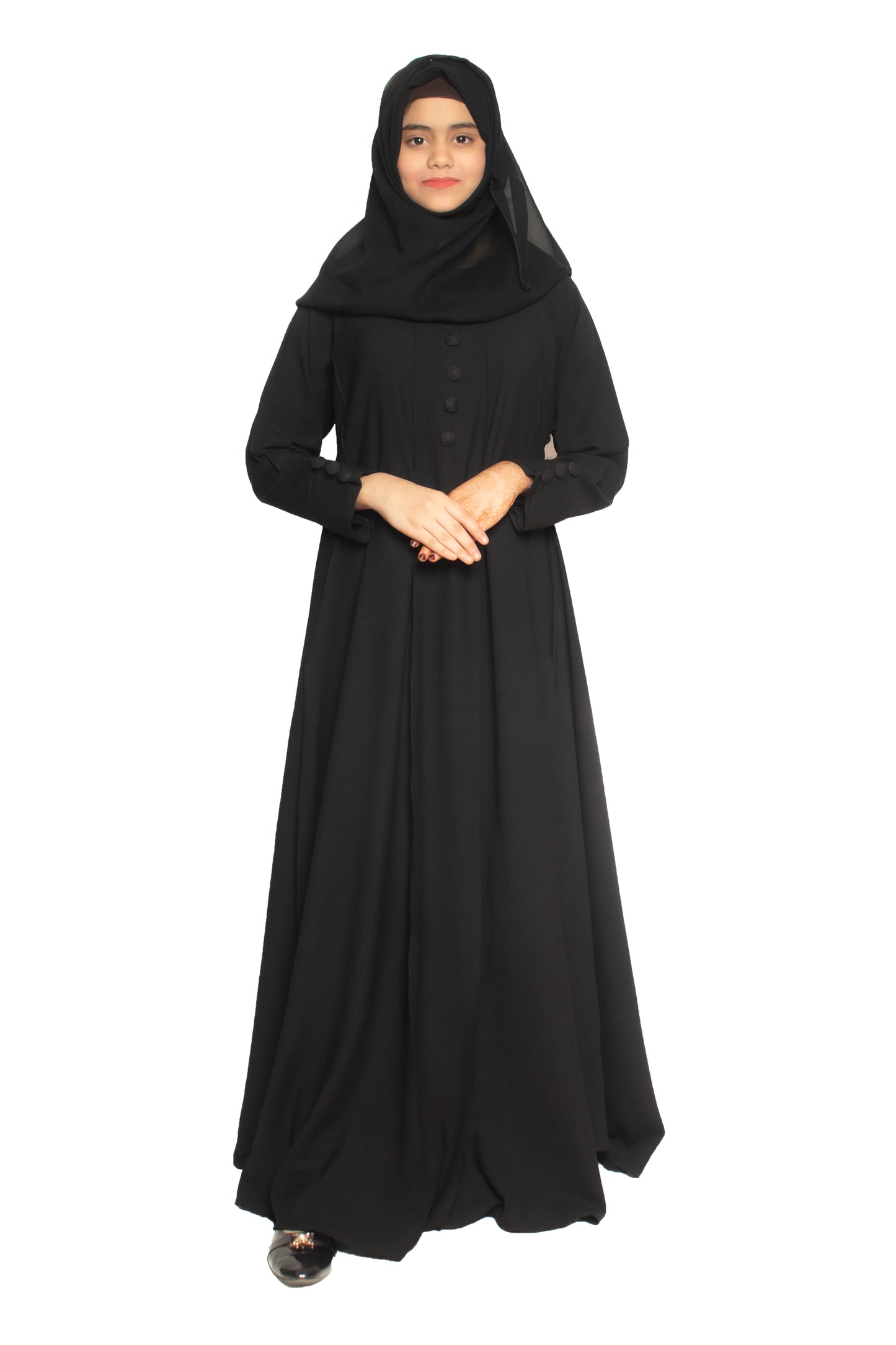 Modest City Self Design Plain Black Front 4 Button Abaya or Burqa With Hijab for Women & Girls-Series Laiba