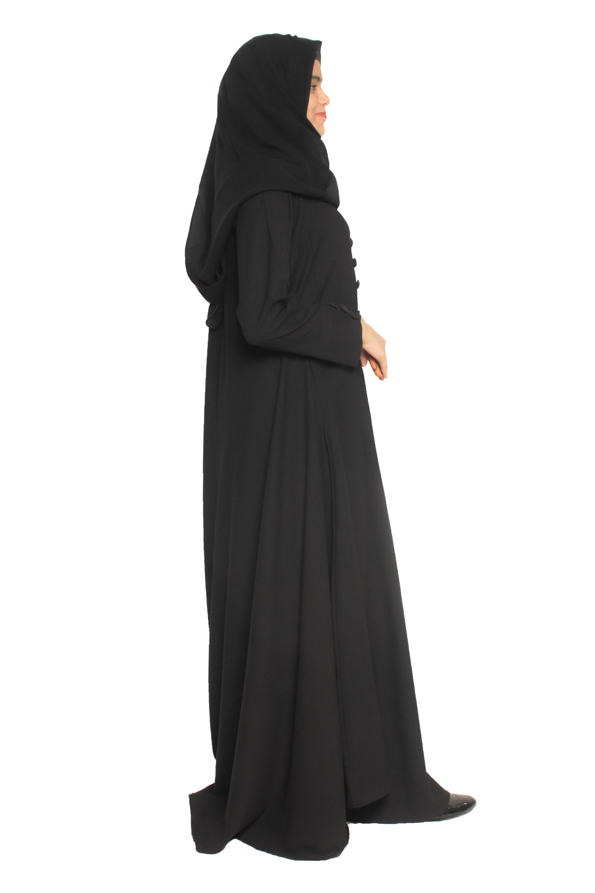 Modest City Self Design Plain Black Front 4 Button Abaya or Burqa With Muslim Lane