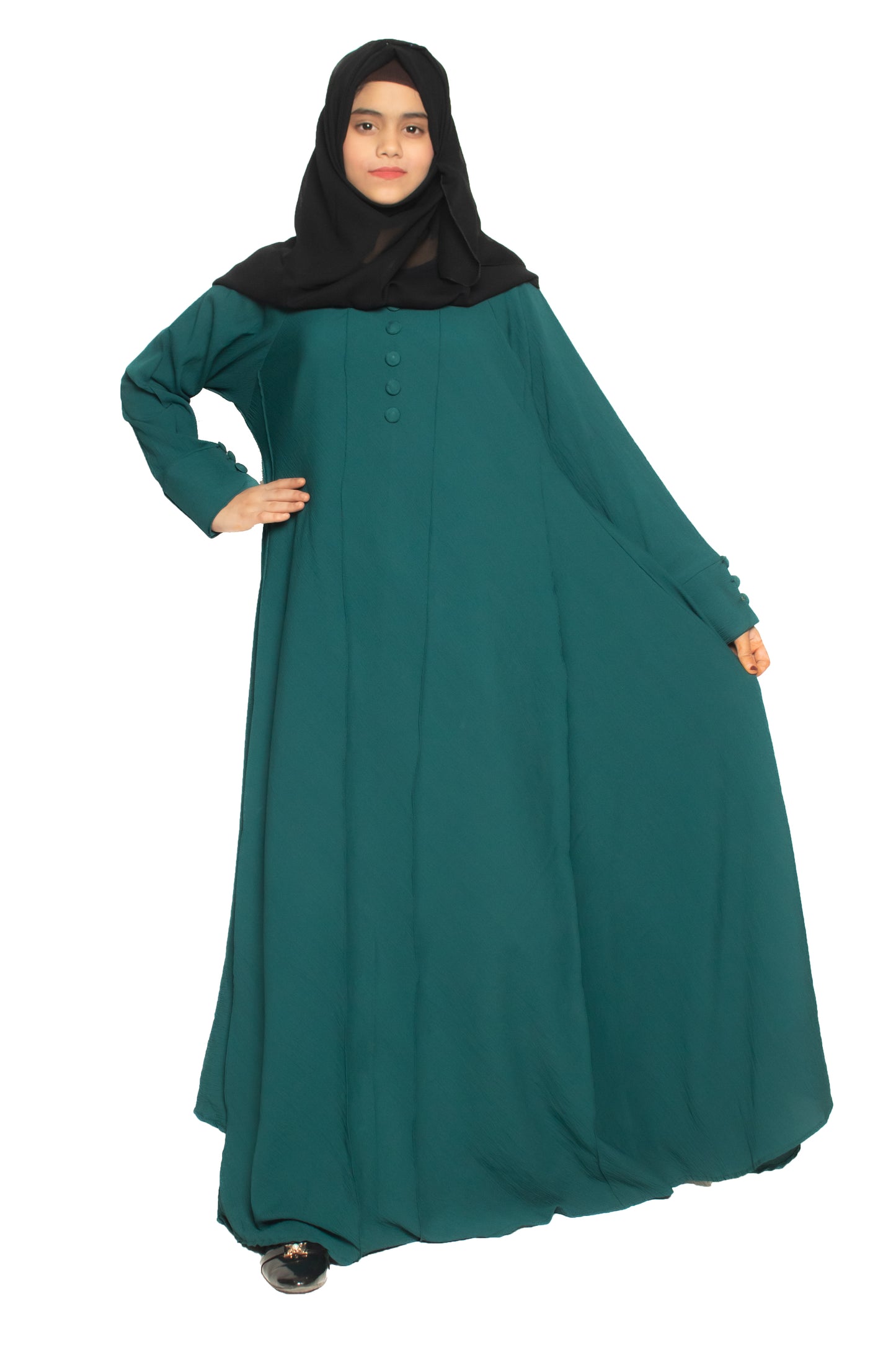 Modest City Self Design Plain Bottle Green Front 4 Button Abaya or Burqa With Hijab for Women & Girls-Series Laiba
