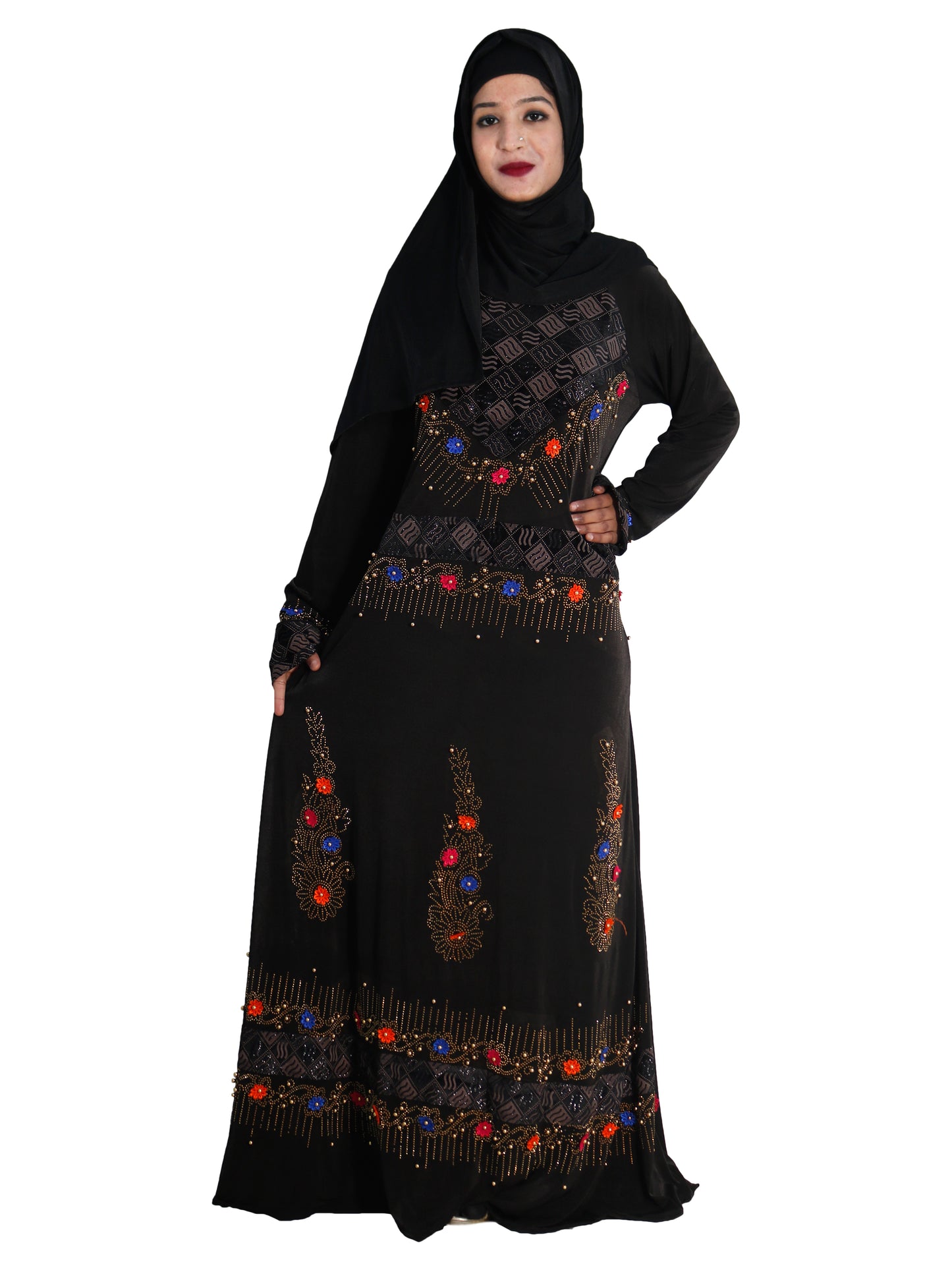 Beautiful Self Design Black Lycra Abaya With Hijab_0636