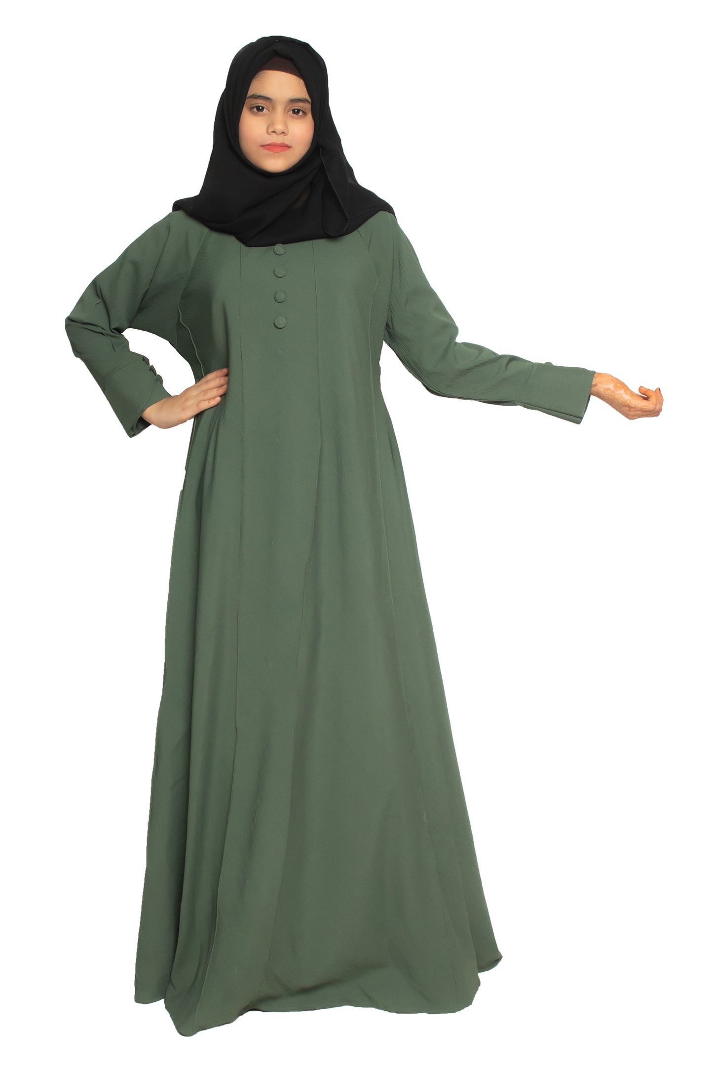 Modest City Self Design Plain Parrot Green Front 4 Button Abaya or Burqa With Hijab for Women & Girls-Series Laiba