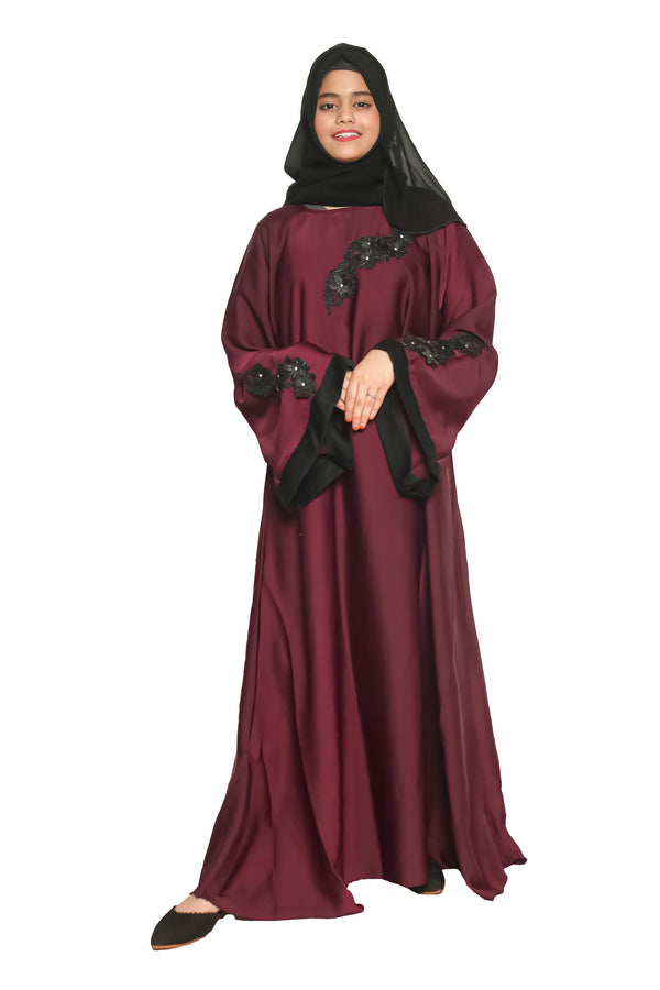 Modest City Self Design Maroon Patch Nida Fabric Abaya or Burqa With Hijab for Women & Girls