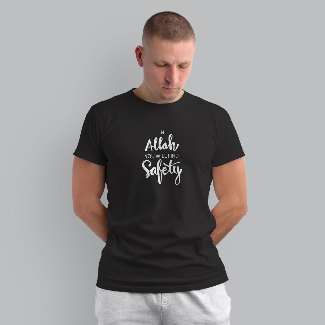 Islamic T-shirt 'In Allah You Will Find Safety'  Self Design Round Neck Half Sleeves Black T-shirt for Men (BK003)