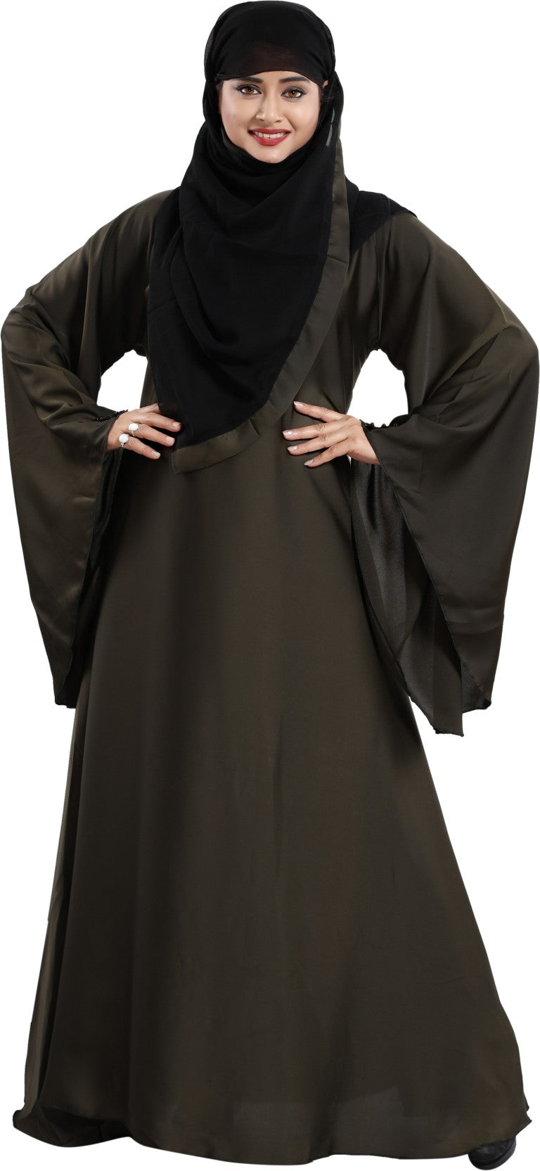 Beautiful Self Design Mehandi 3Fool Art Silk Abaya With Hijab_0307