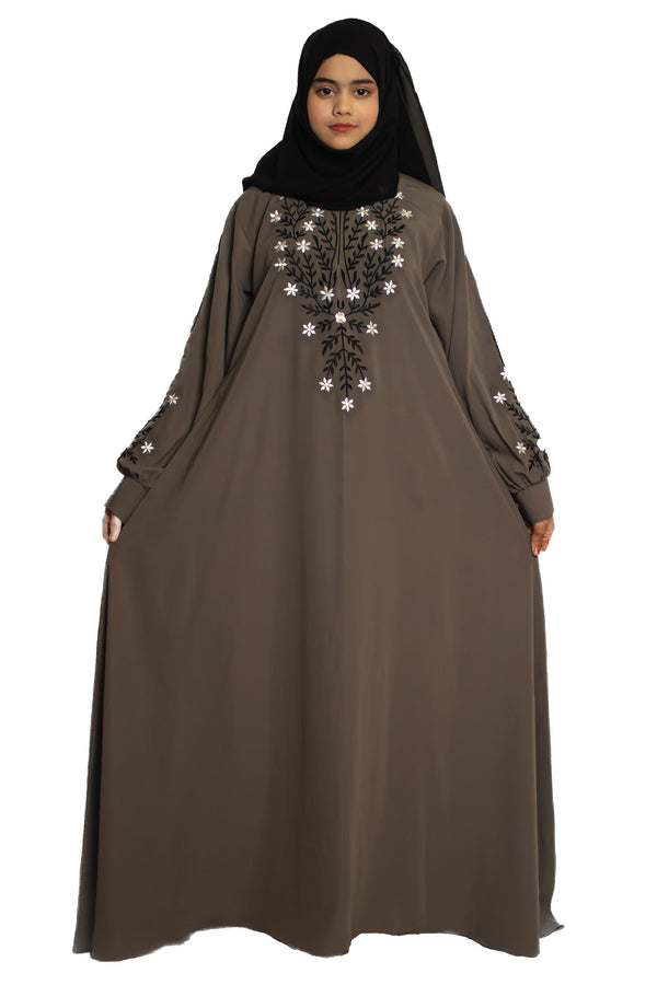 Modest City Beautiful Self Design Gala Embroidery Crepe Fabric Grey Abaya or Burqa With Hijab for Women & Girls- Series Laiba