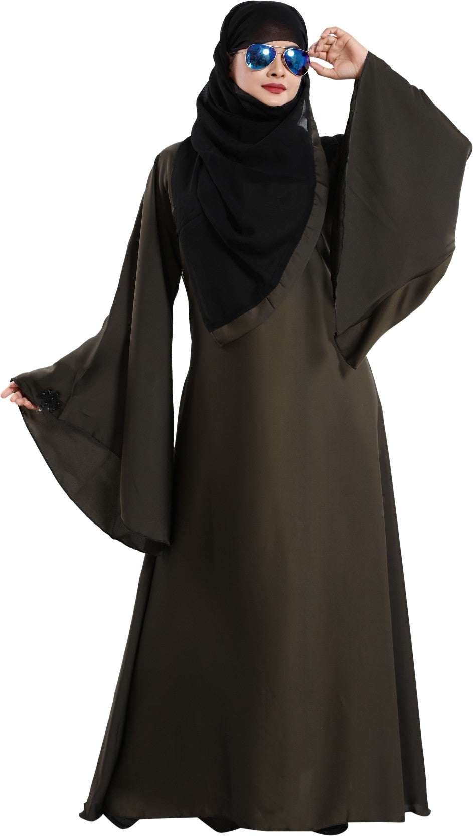 Beautiful Self Design Mehandi 3Fool Art Silk Abaya With Hijab_0307