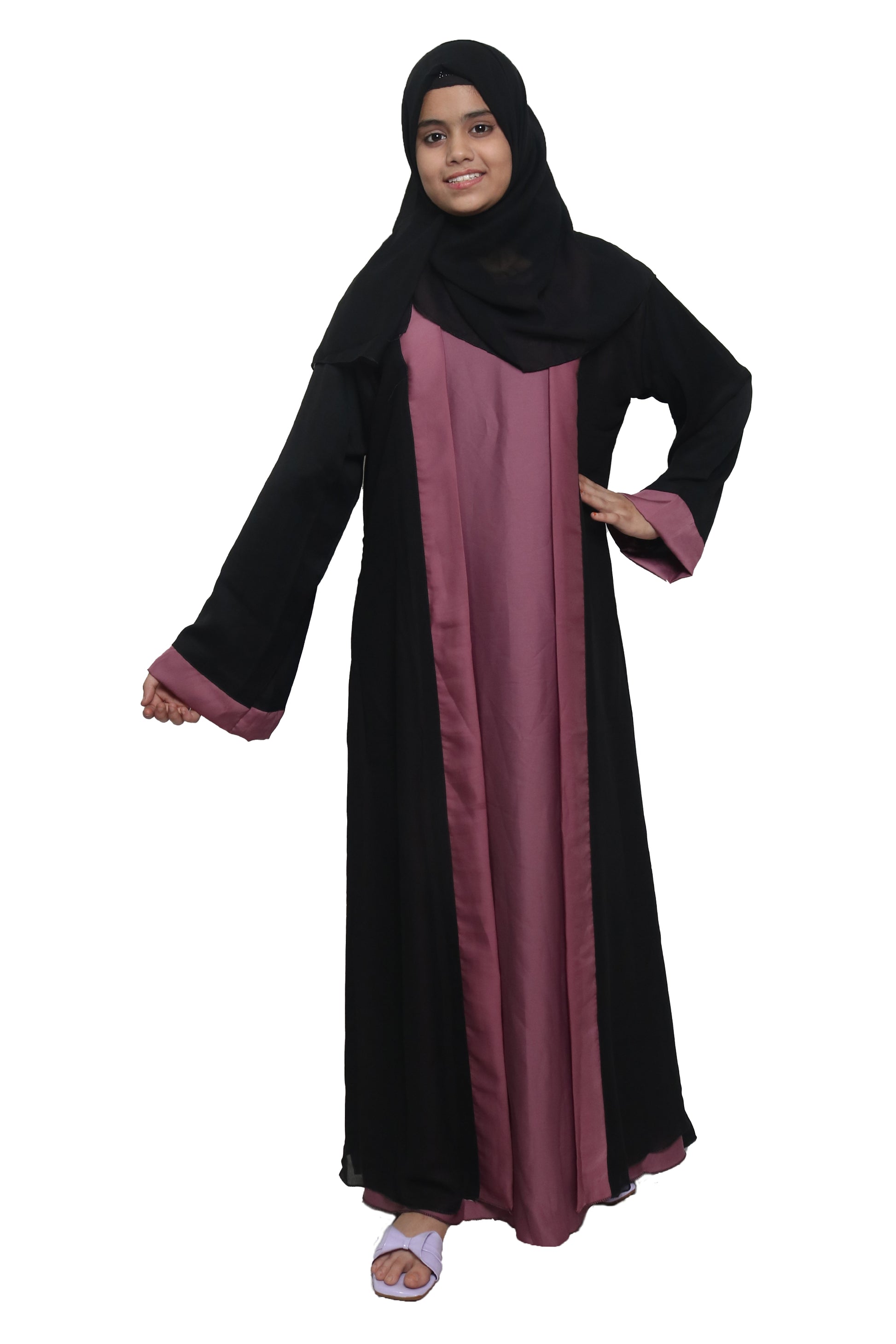 Modest City  Self Design Double Layer Attached Shrug Nida Fabric Abaya for Women & Girls-Series Laiba