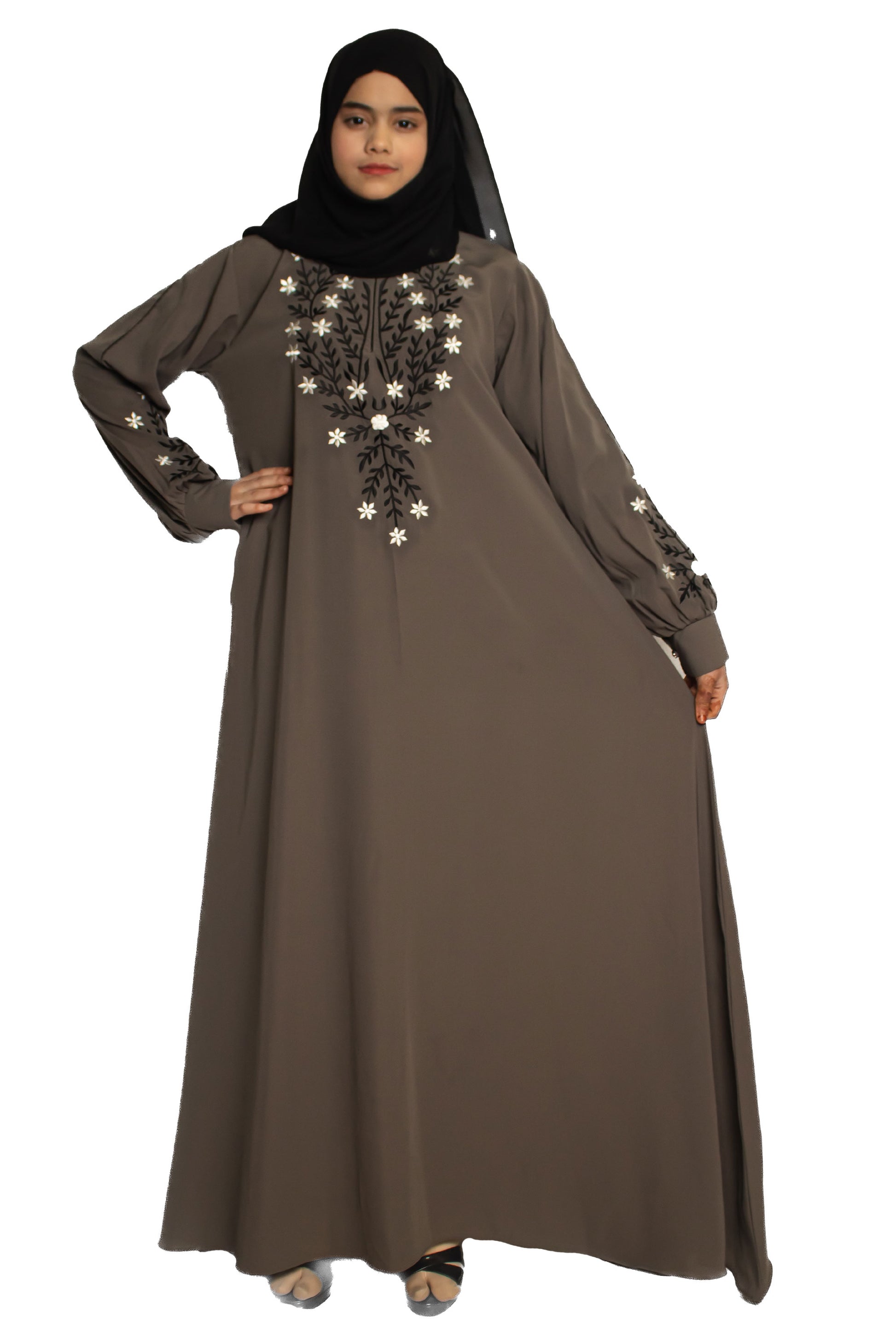 Modest City Beautiful Self Design Gala Embroidery Crepe Fabric Grey Abaya or Burqa With Hijab for Women & Girls- Series Laiba
